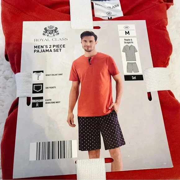 Royal Class Mens Pajama Set Orange Navy Shorts Henley Shirt M - Picture 1 of 4